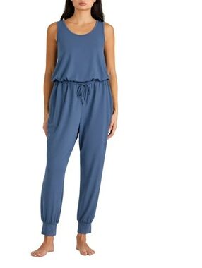 Sleeveless Blue Knit Drawstring Jumpsuit